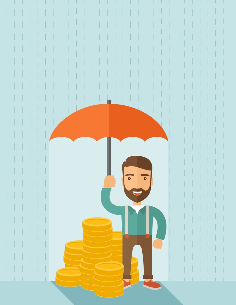 Illustration- man with umbrella protecting a pile of coins from rain