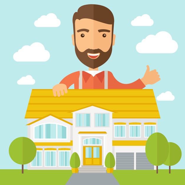 Illustration- businessman smiling above large house with thumbs up