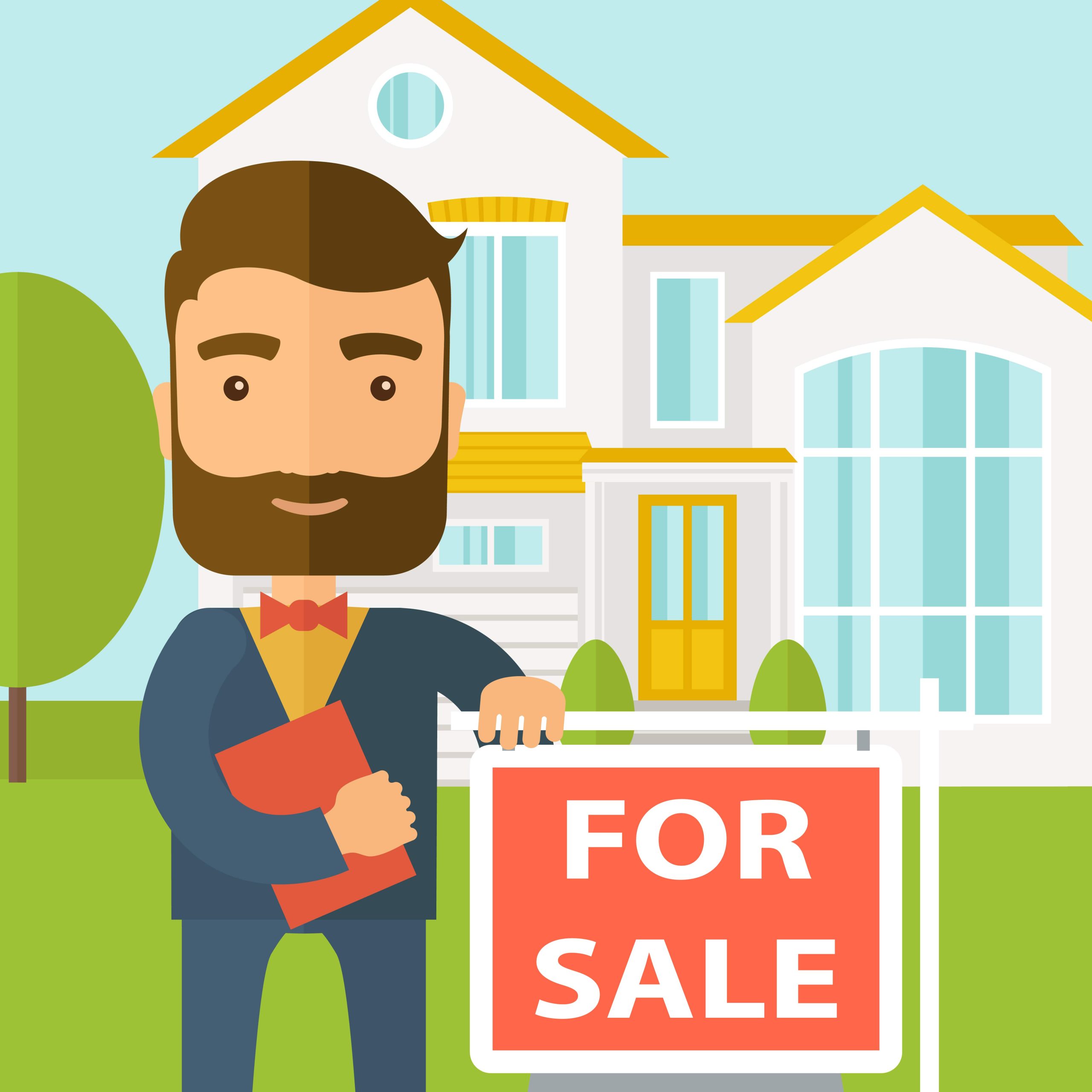 Illustration- realtor smiling next to For Sale sign